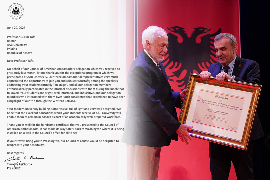 Këshilli i Ambasadorëve Amerikanë të impresionuar nga mikpritja në Kolegjin AAB – falënderojnë rektorin Lulzim Tafa dhe studentët