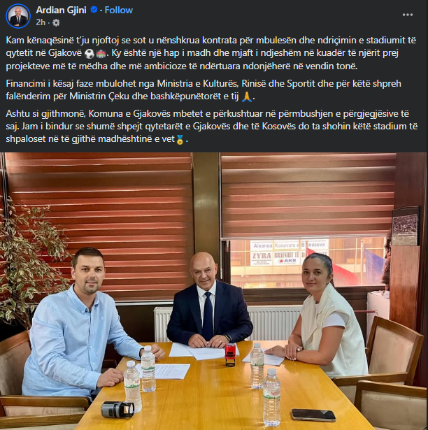 Stadiumi i Gjakovës drejt finalizimit: nënshkruhet kontrata për mbulesën dhe ndriçimin